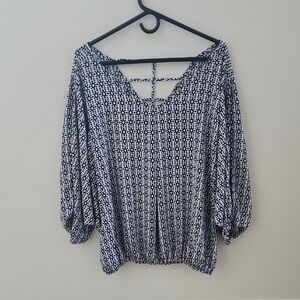 Torrid Navy and White Geometric Blouse